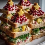 Christmas Tree and Holly Shaped Tea Sandwiches with Pineapple Cream Cheese and Pomegranate Decorations Recipe