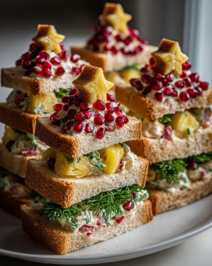 Christmas Tree and Holly Shaped Tea Sandwiches with Pineapple Cream Cheese and Pomegranate Decorations Recipe